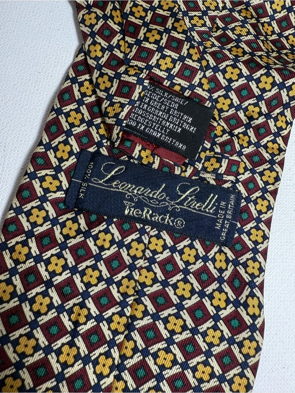 Leonardo Itrelli 100% Silk Tie Navy Blue Gold Geometric Woven Tie Made in Italy